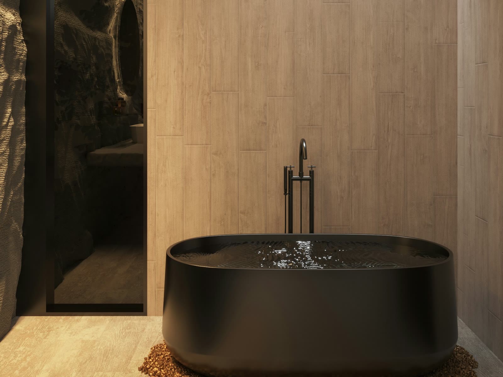 Salle de bains esprit spa avec baignoire îlot noire, pierre sculptée et bois clair