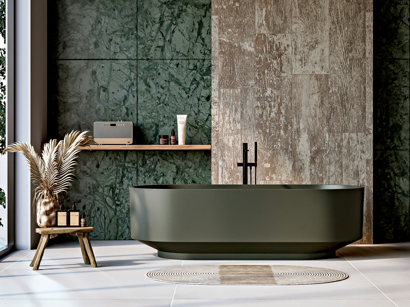 Salle de bains design avec baignoire olive, marbre vert et bois patiné
